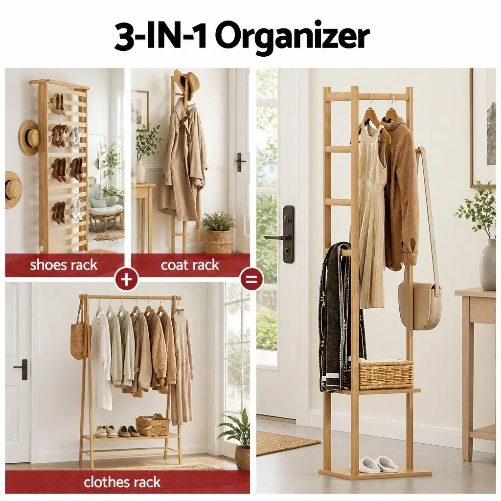 Clothes Rack Airer Coat Stand with Hanging Rail Storage Shelf Side Hook Bamboo 38cm W x 30cm D x 155cm H