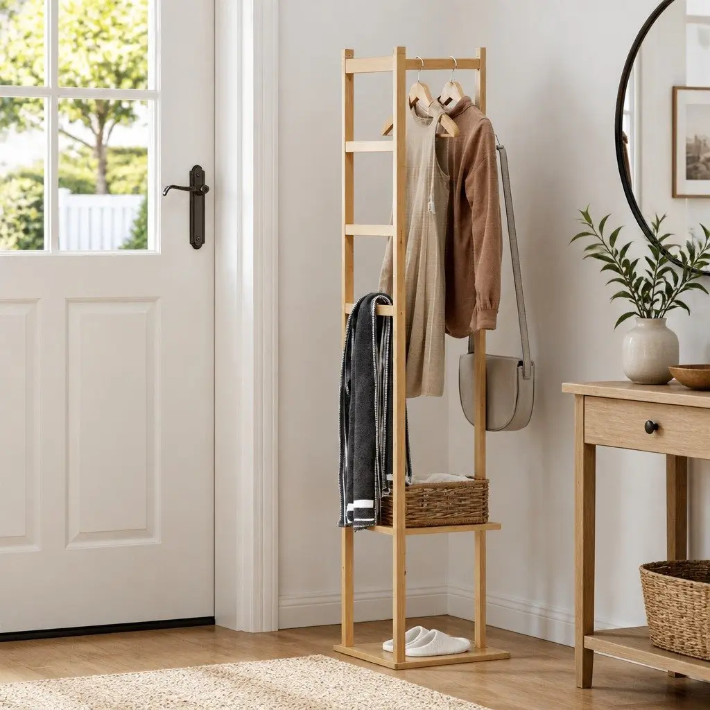 Clothes Rack Airer Coat Stand with Hanging Rail Storage Shelf Side Hook Bamboo 38cm W x 30cm D x 155cm H