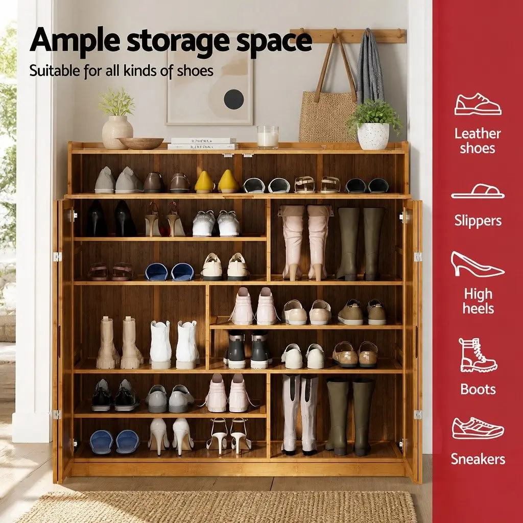 Shoe Rack Cabinet Natural Bamboo Melamine 7 Shelves Storage 30 Pairs