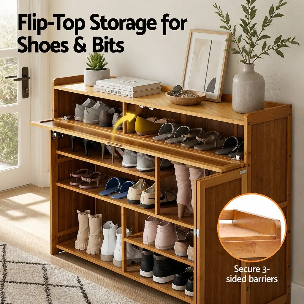 Shoe Rack Cabinet Natural Bamboo Melamine 7 Shelves Storage 30 Pairs