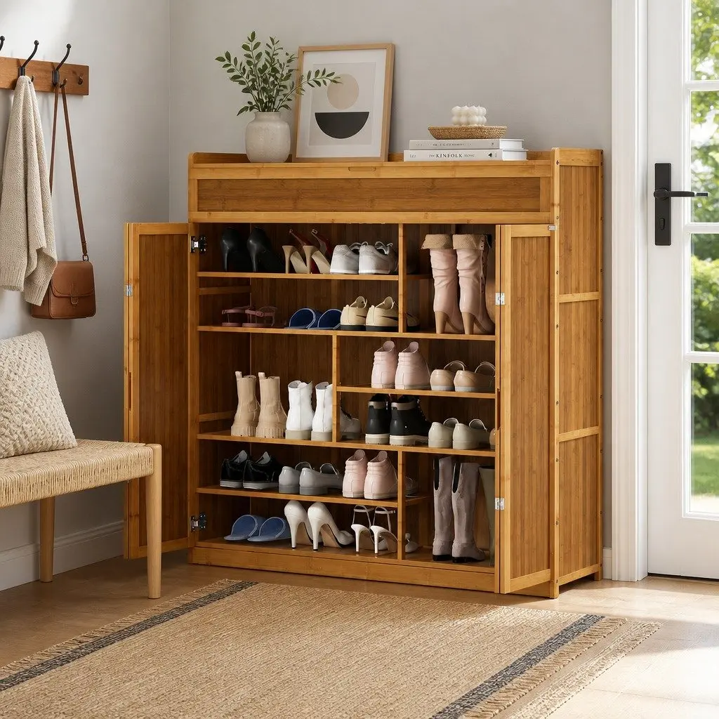 Shoe Rack Cabinet Natural Bamboo Melamine 7 Shelves Storage 30 Pairs