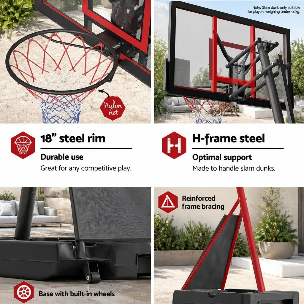 Adjustable Basketball Hoop Stand System Portable Height 2.4m to 3.05m Red
