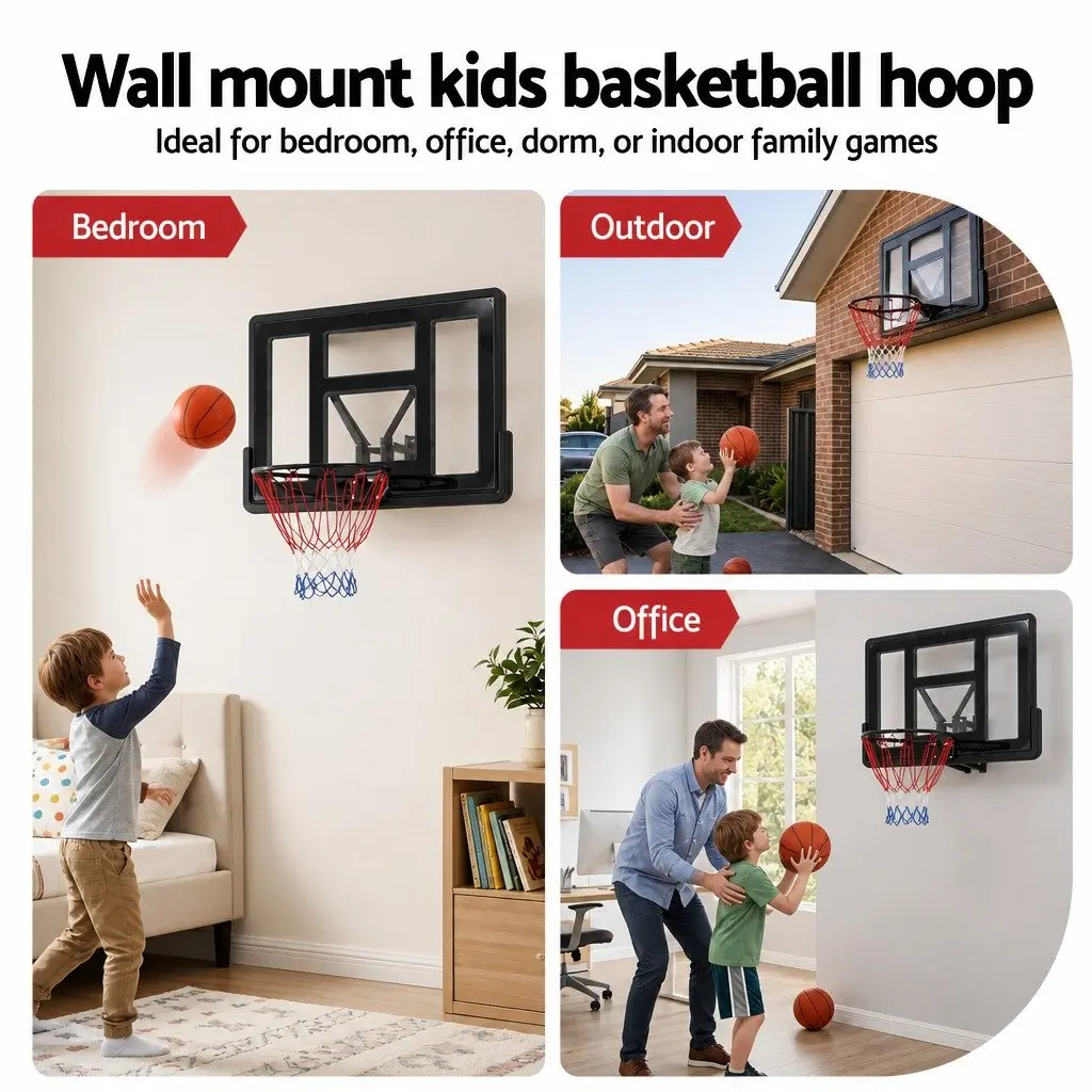Wall Mount Basketball Hoop Kids Indoor Outdoor 43 Inch Black Backboard