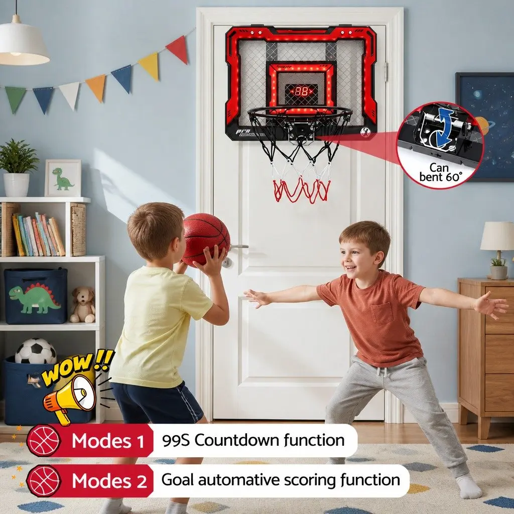 Mini Basketball Hoop Over Door Indoor Electronic Scoreboard 40x30cm Red
