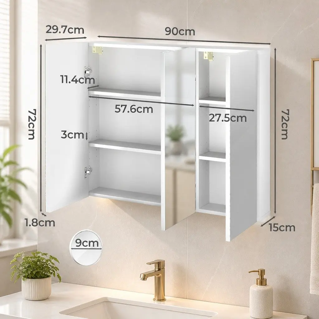 Bathroom Mirror Cabinet Wall-Mounted Storage 90CM White