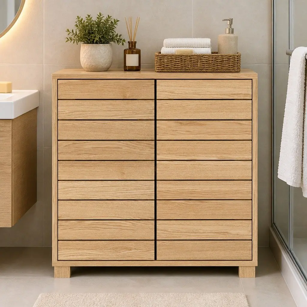 Bathroom Storage Cabinet Floor Standing Cupboard Sliding Doors Oak Organiser
