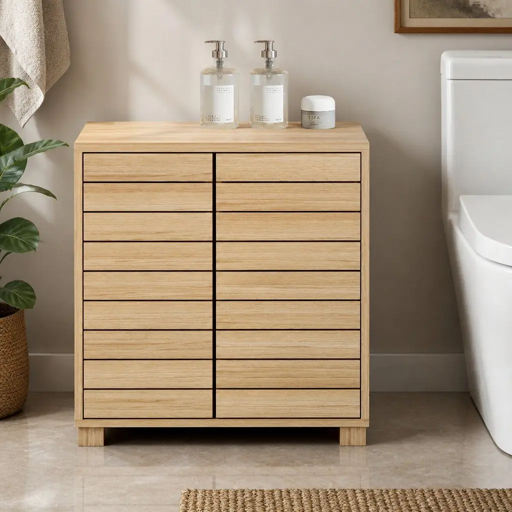 Bathroom Storage Cabinet Floor Standing Cupboard Sliding Doors Oak Organiser