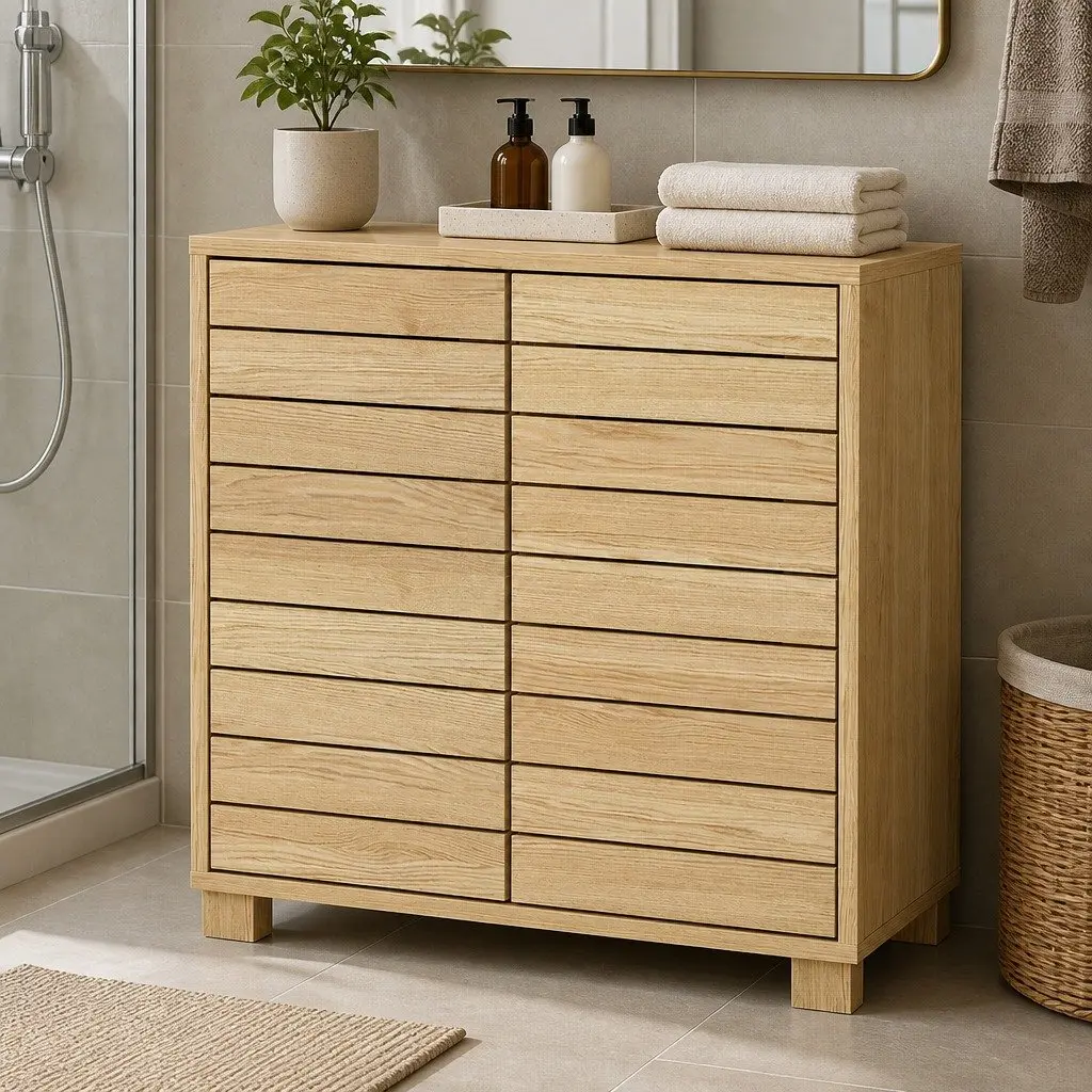 Bathroom Storage Cabinet Floor Standing Cupboard Sliding Doors Oak Organiser