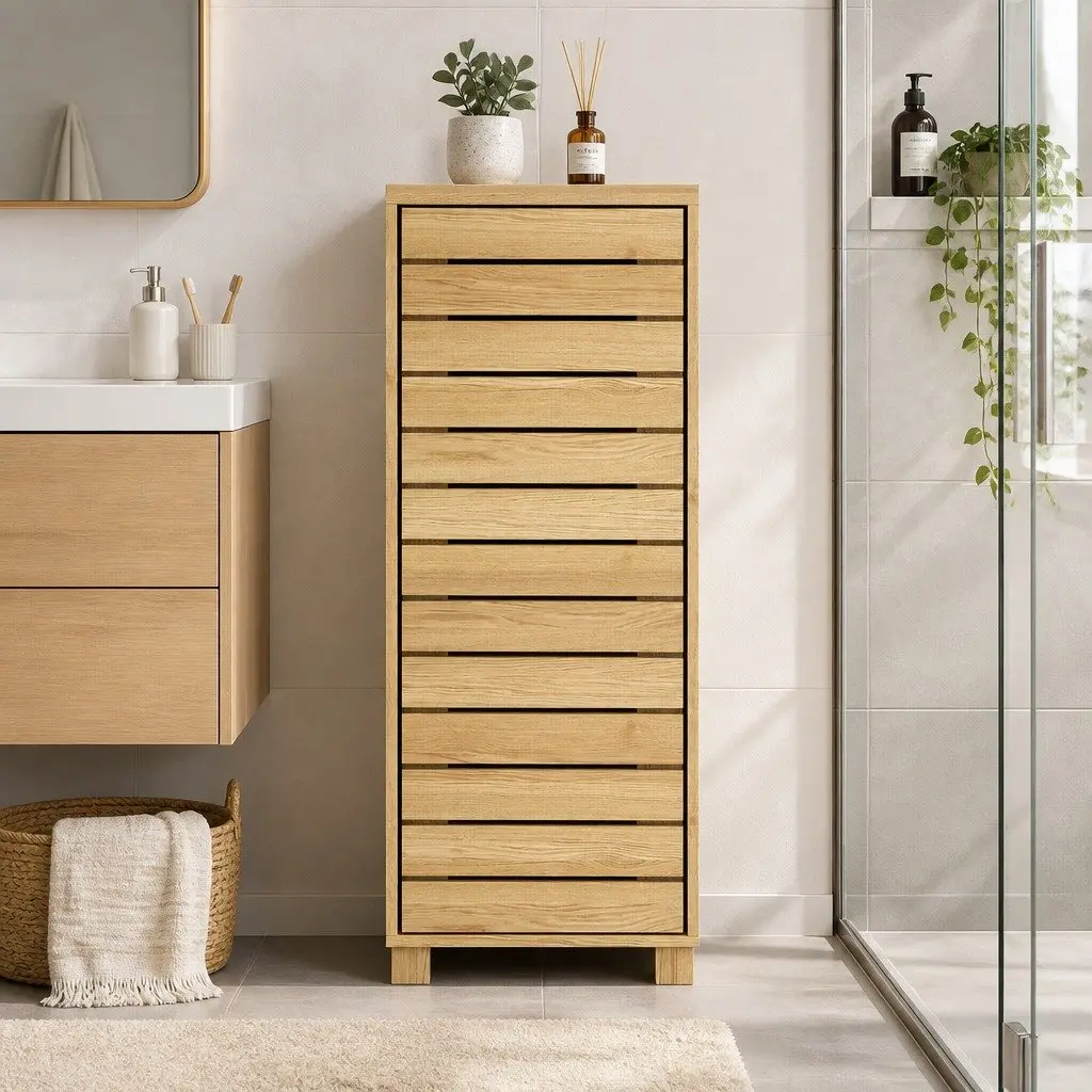 Bathroom Storage Cabinet Oak Compact Space Saving Unit with Adjustable Shelves and Push to Open Door Mechanism