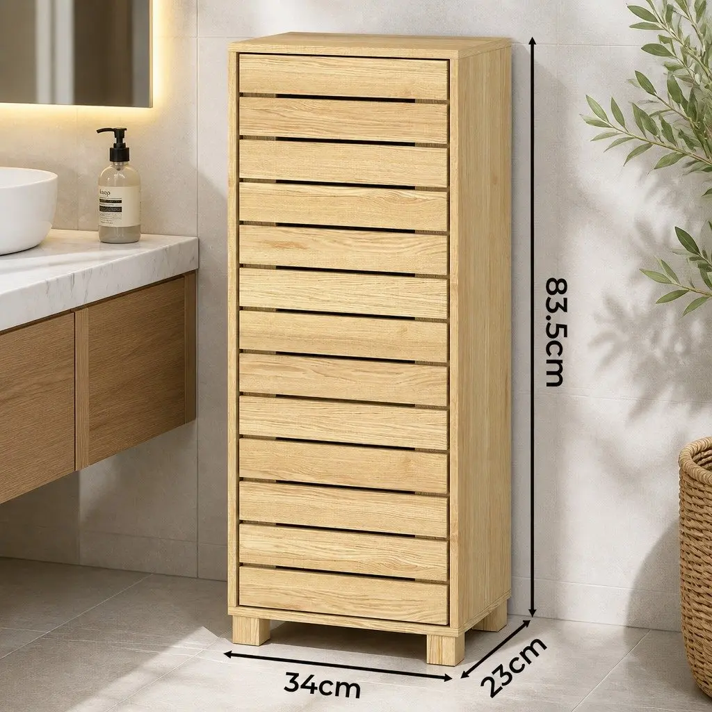 Bathroom Storage Cabinet Oak Compact Space Saving Unit with Adjustable Shelves and Push to Open Door Mechanism