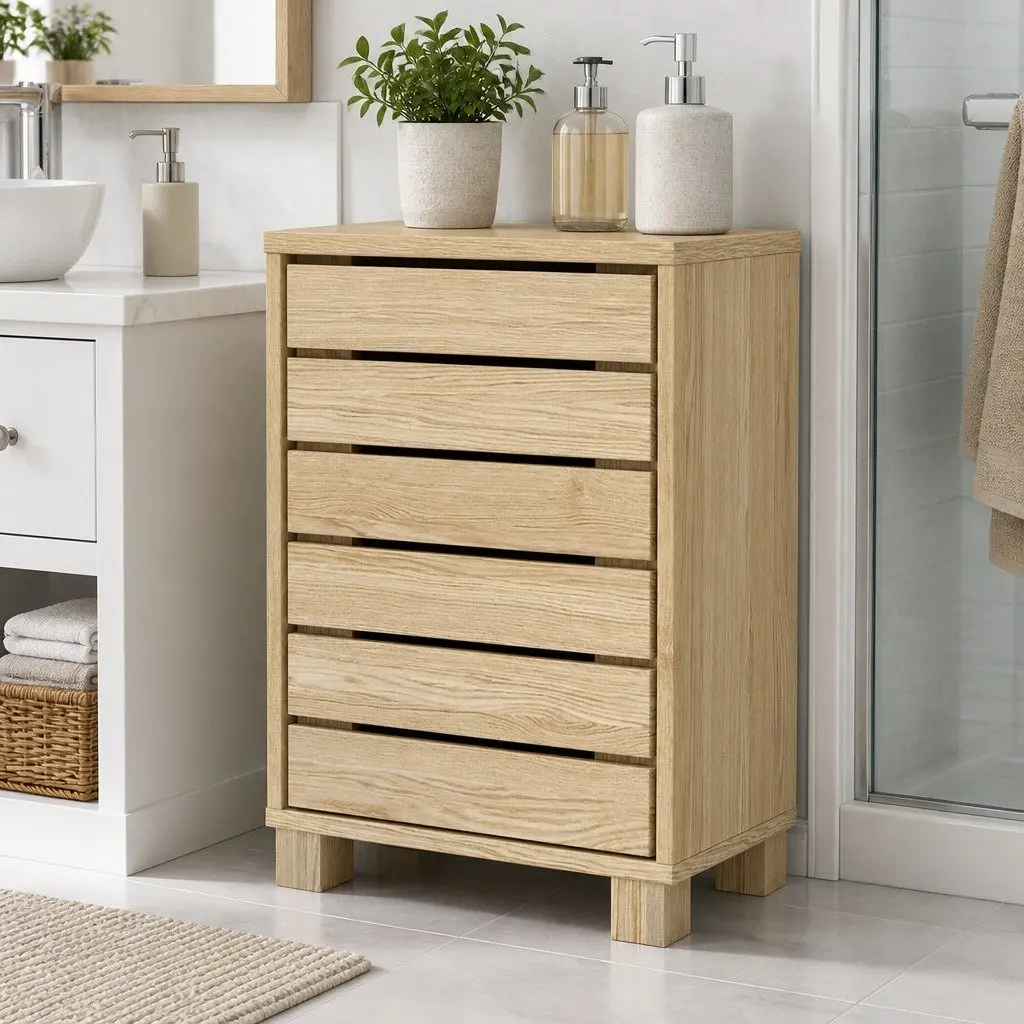 Bathroom Storage Cabinet Oak Compact Space Saving Unit with Adjustable Shelves and Push to Open Door Mechanism