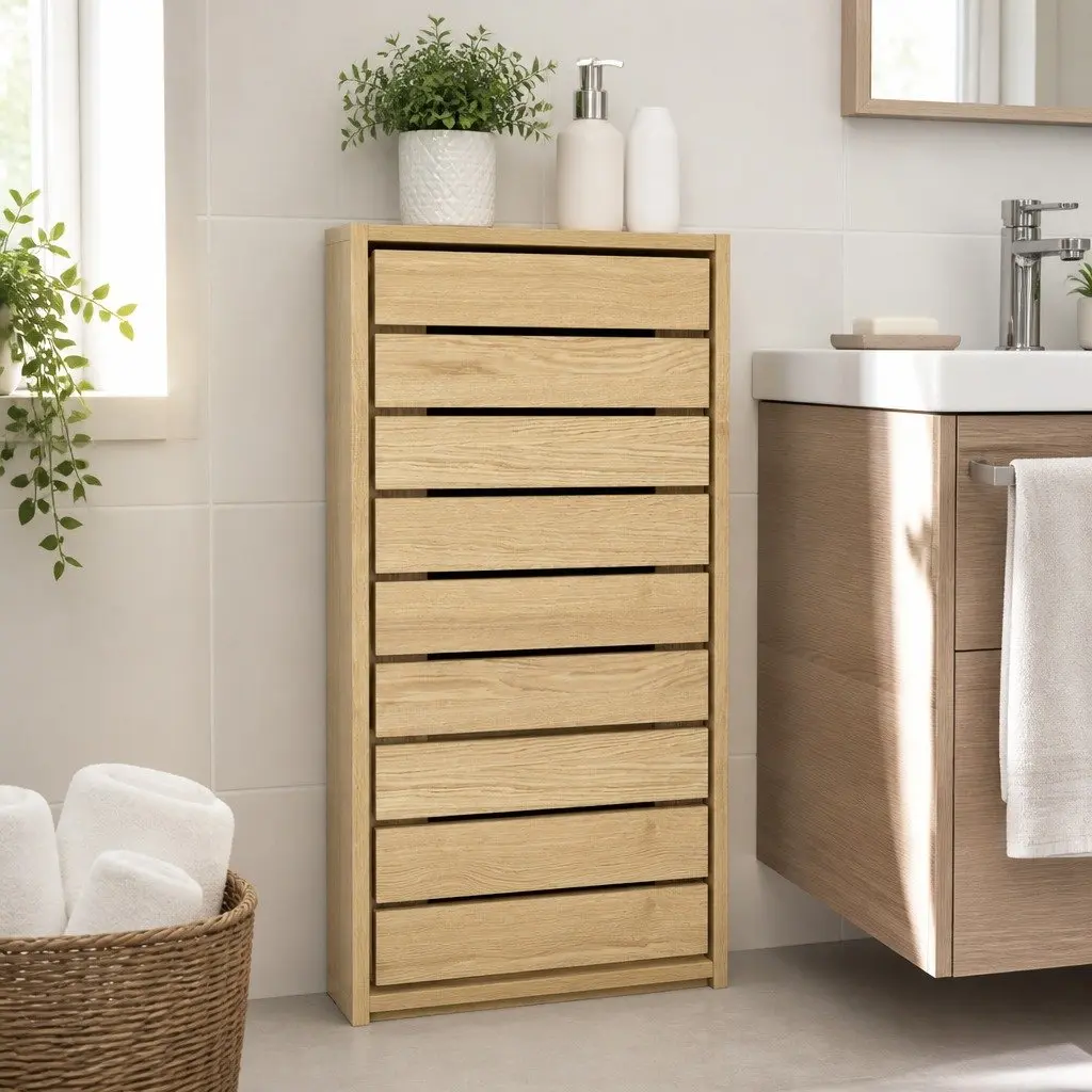 Bathroom Storage Cabinet Oak Compact Space Saving Unit with Adjustable Shelves and Push to Open Door Mechanism