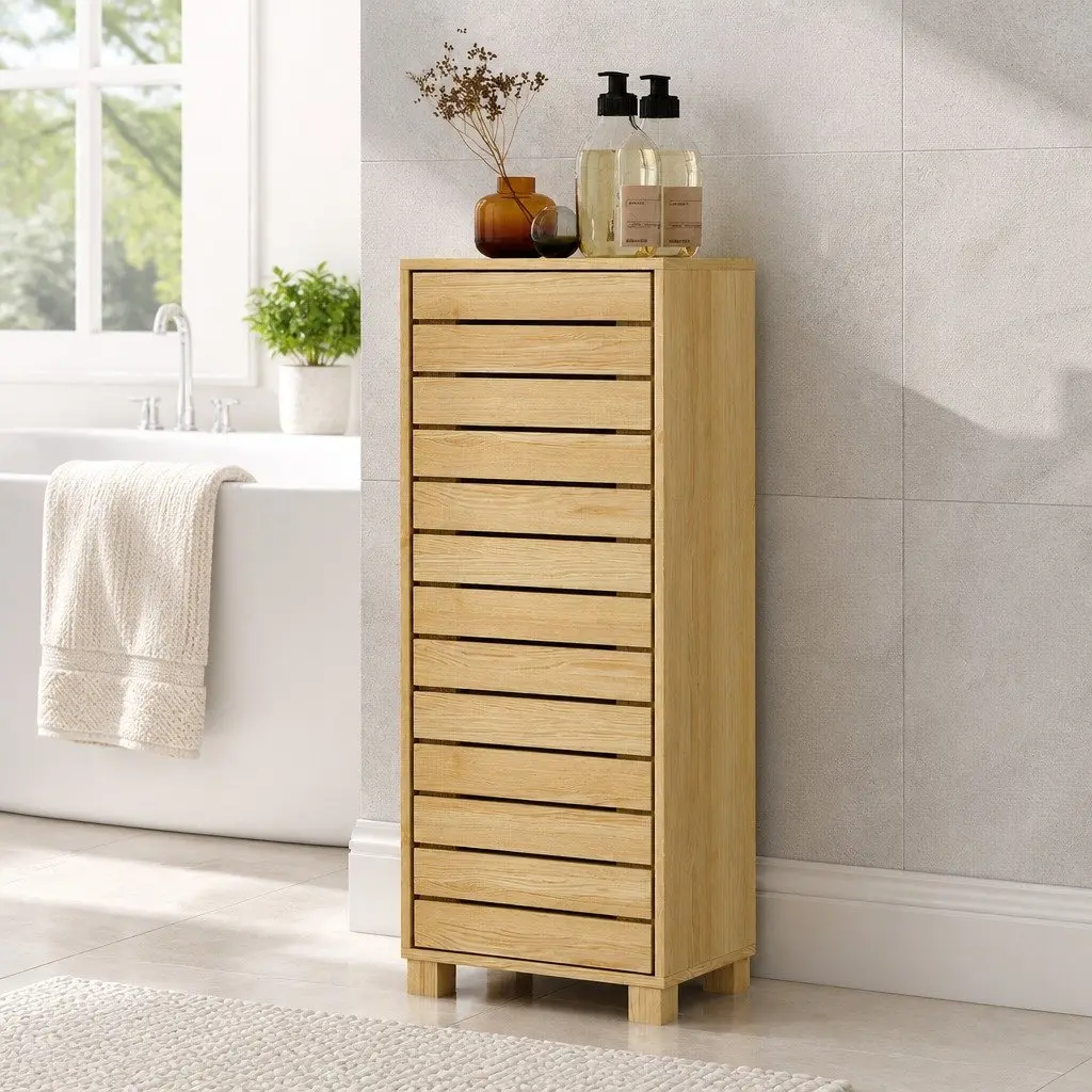 Bathroom Storage Cabinet Oak Compact Space Saving Unit with Adjustable Shelves and Push to Open Door Mechanism