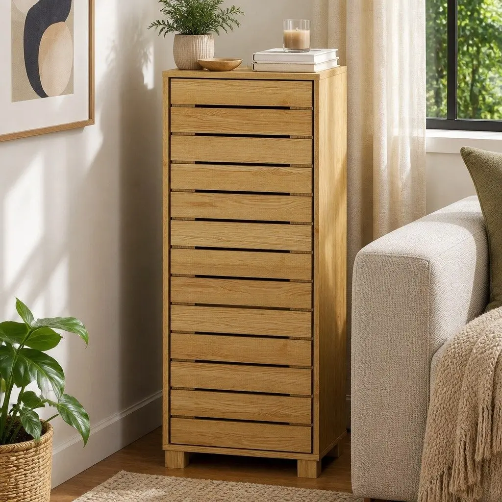 Bathroom Storage Cabinet Oak Compact Space Saving Unit with Adjustable Shelves and Push to Open Door Mechanism