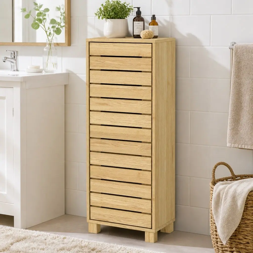 Bathroom Storage Cabinet Oak Compact Space Saving Unit with Adjustable Shelves and Push to Open Door Mechanism