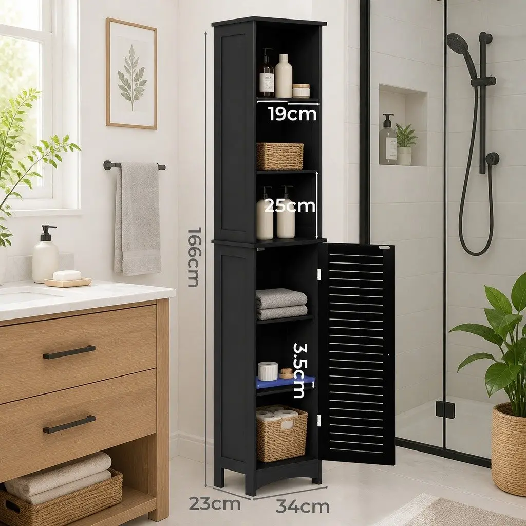 Freestanding Bathroom Cabinet Tall Storage Unit 166cm Black with Adjustable Shelves