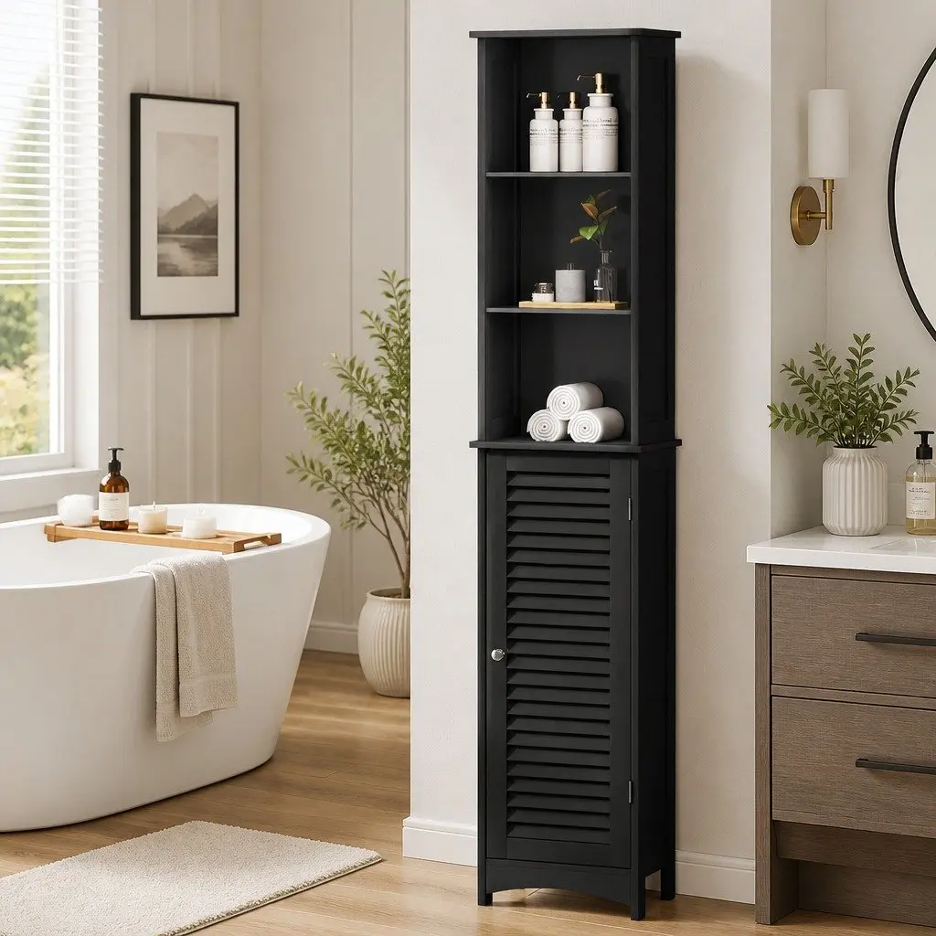 Freestanding Bathroom Cabinet Tall Storage Unit 166cm Black with Adjustable Shelves
