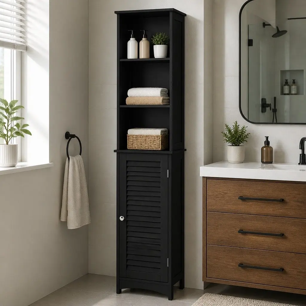 Freestanding Bathroom Cabinet Tall Storage Unit 166cm Black with Adjustable Shelves