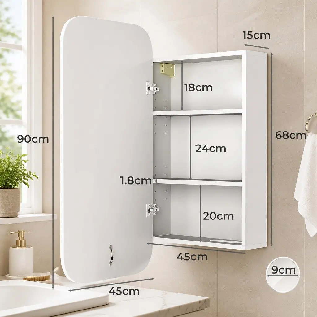 Bathroom Mirror Cabinet LED Lighting White Magnifying Tissue Slot Storage