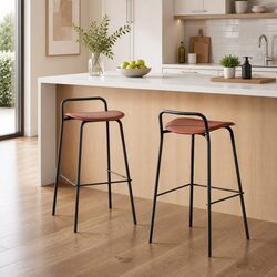 Bar Stools Metal Frame Brown Kitchen Counter Chair Set of 2 with Footrest