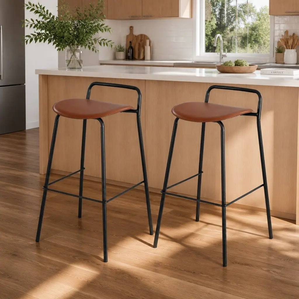 Bar Stools Kitchen Counter Chair Set of 2 Cushioned Seat Brown Metal Frame