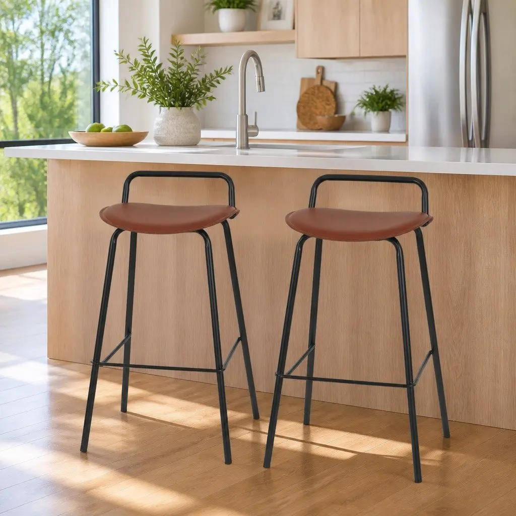Bar Stools Kitchen Counter Chair Set of 2 Cushioned Seat Brown Metal Frame