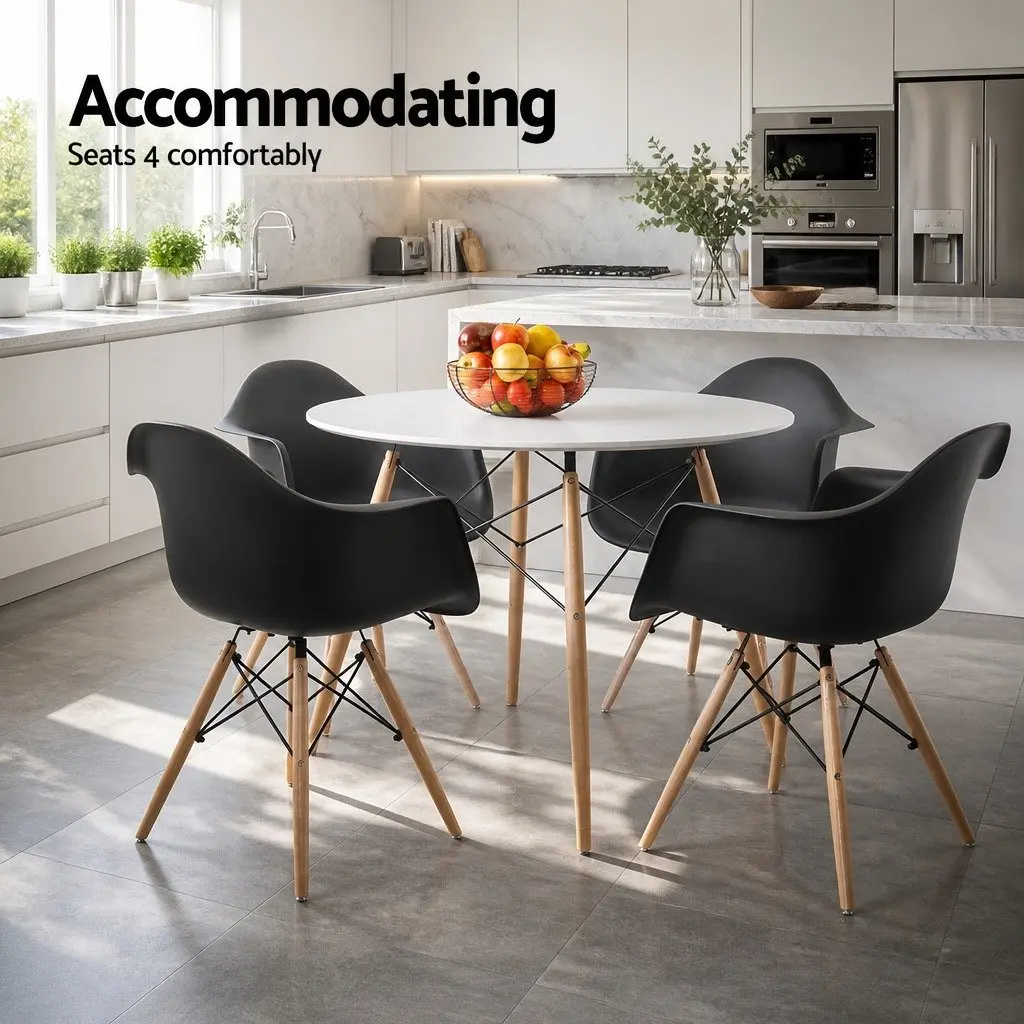 Round Dining Table 90cm 4 Seater White Beech Wood Legs Modern Kitchen Furniture
