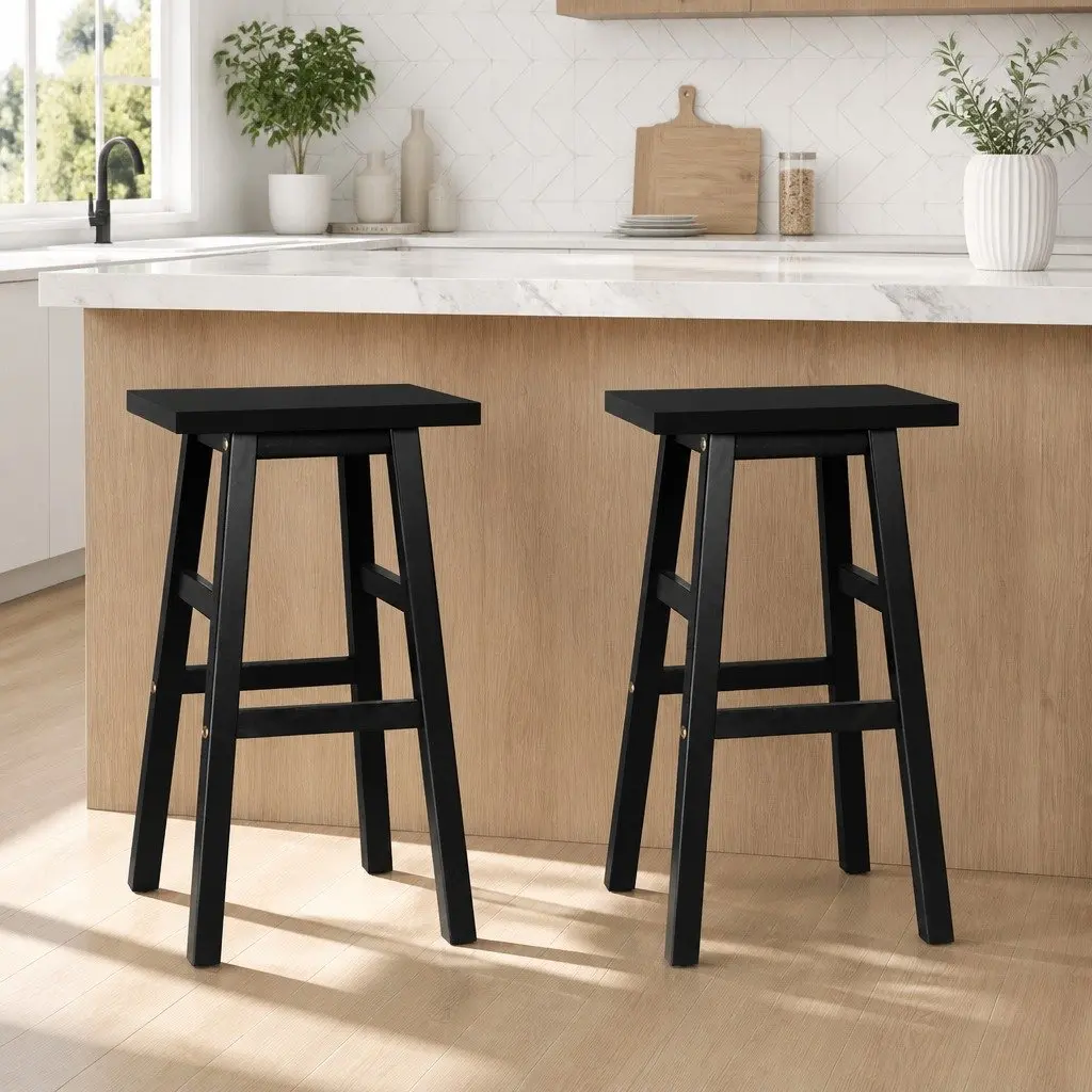 Bar Stools Kitchen Counter Chairs 66.5cm Black Wooden Seat Pack of 2