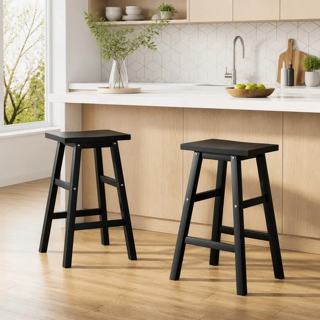 Bar Stools Kitchen Counter Chairs 66.5cm Black Wooden Seat Pack of 2