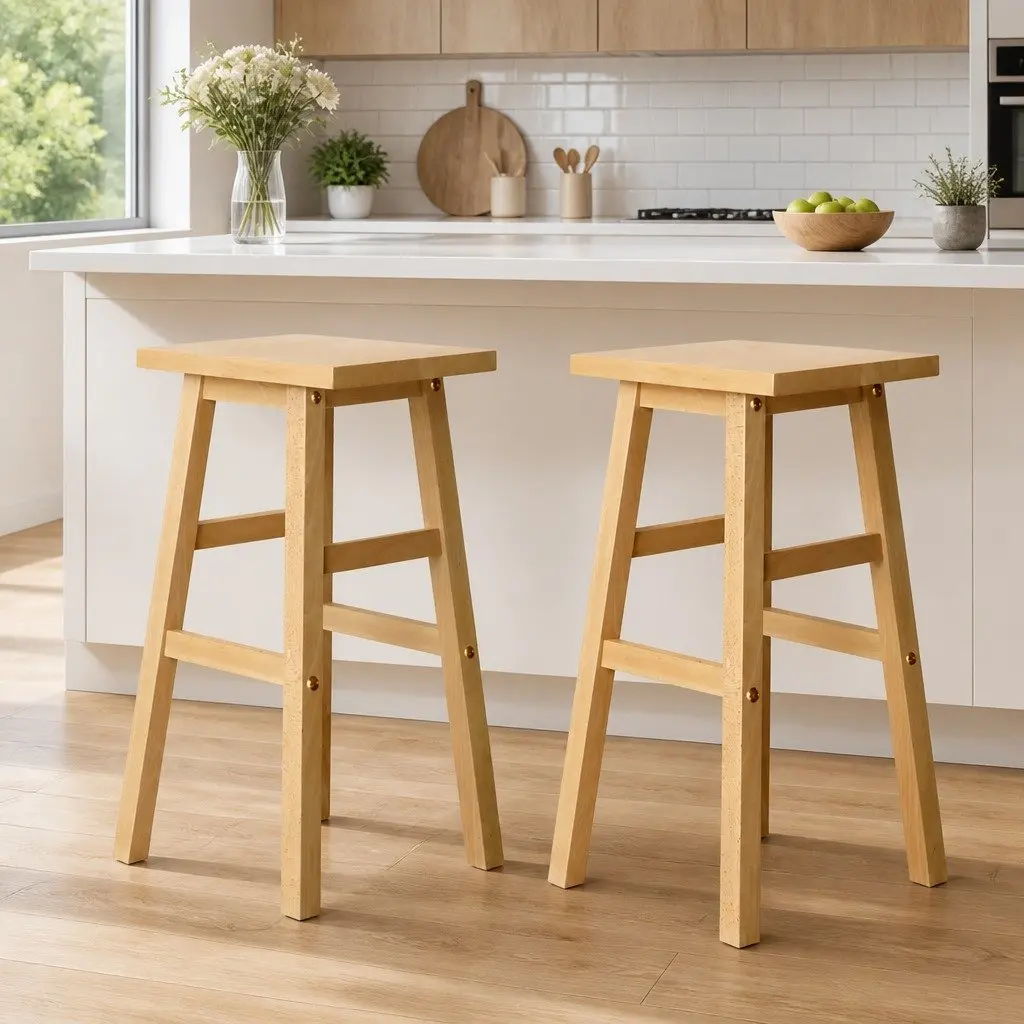 Bar Stools Kitchen Counter Wooden Chairs Natural Light Wood Tone Set 2 Piece