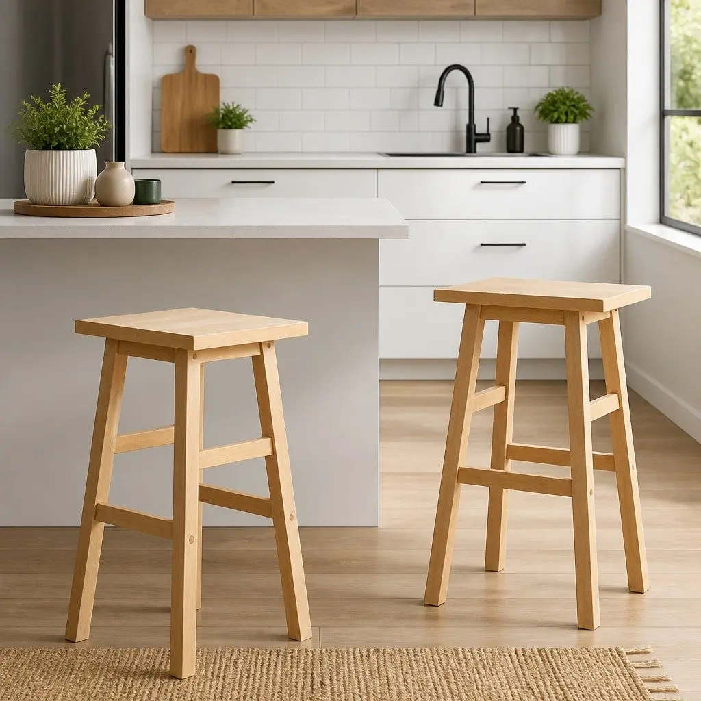 Bar Stools Kitchen Counter Wooden Chairs Natural Light Wood Tone Set 2 Piece