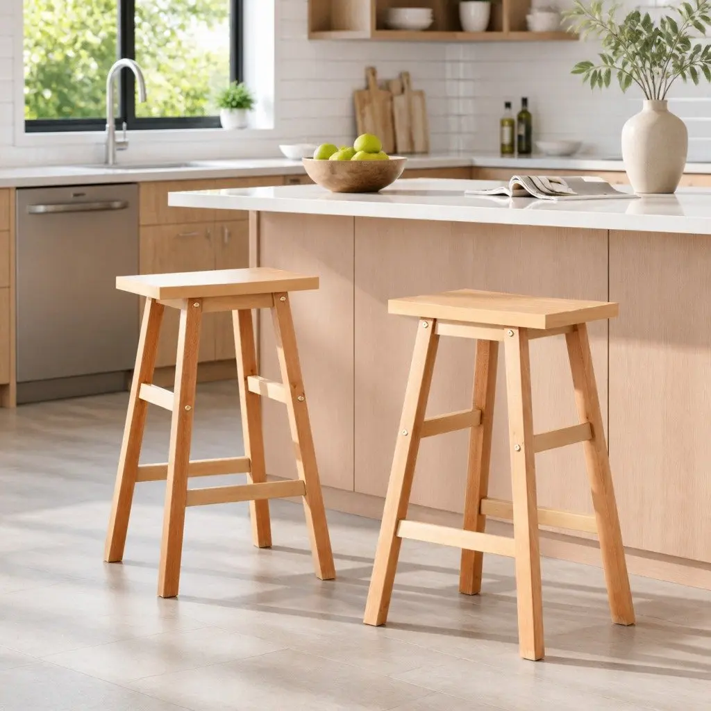 Bar Stools Kitchen Counter Wooden Chairs Natural Light Wood Tone Set 2 Piece