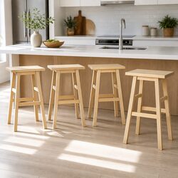 Bar Stools Kitchen Chairs Set of 4 Wooden Natural Saddle Seat Breakfast Counter