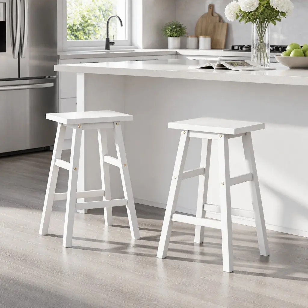 Bar Stools Kitchen Counter Chairs White Wooden Set of 2 Footrest