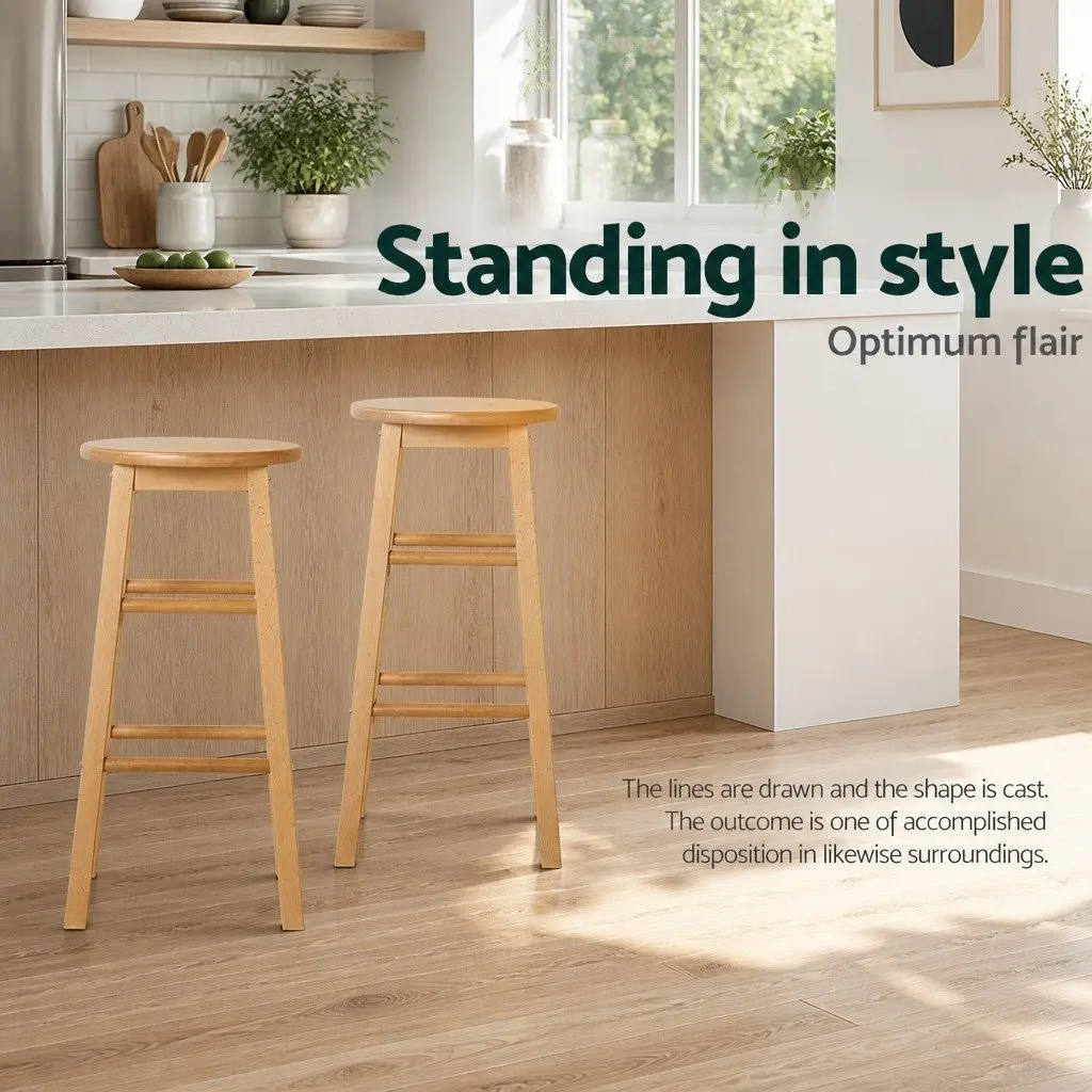 Bar Stools Set of 2 Round Wooden Chairs Natural Light Wood Tone Kitchen Dining