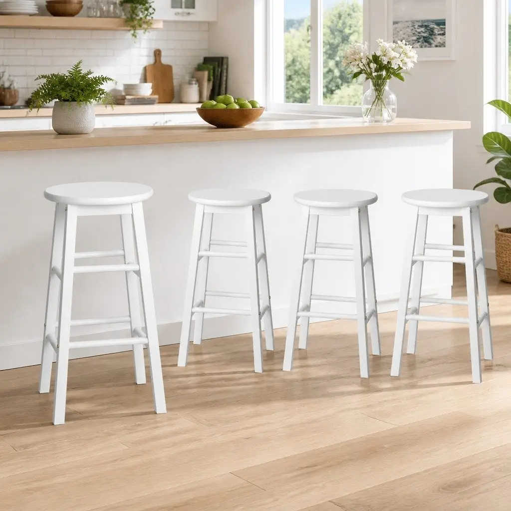 Bar Stools Round Chairs Kitchen Counter Seating 61 cm White Beech Wood Set of 4