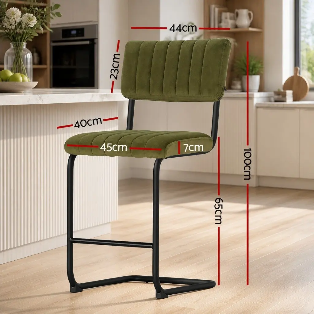 Bar Stools Velvet Chairs Green Cushioned Seat Back Support Metal Footrest Set