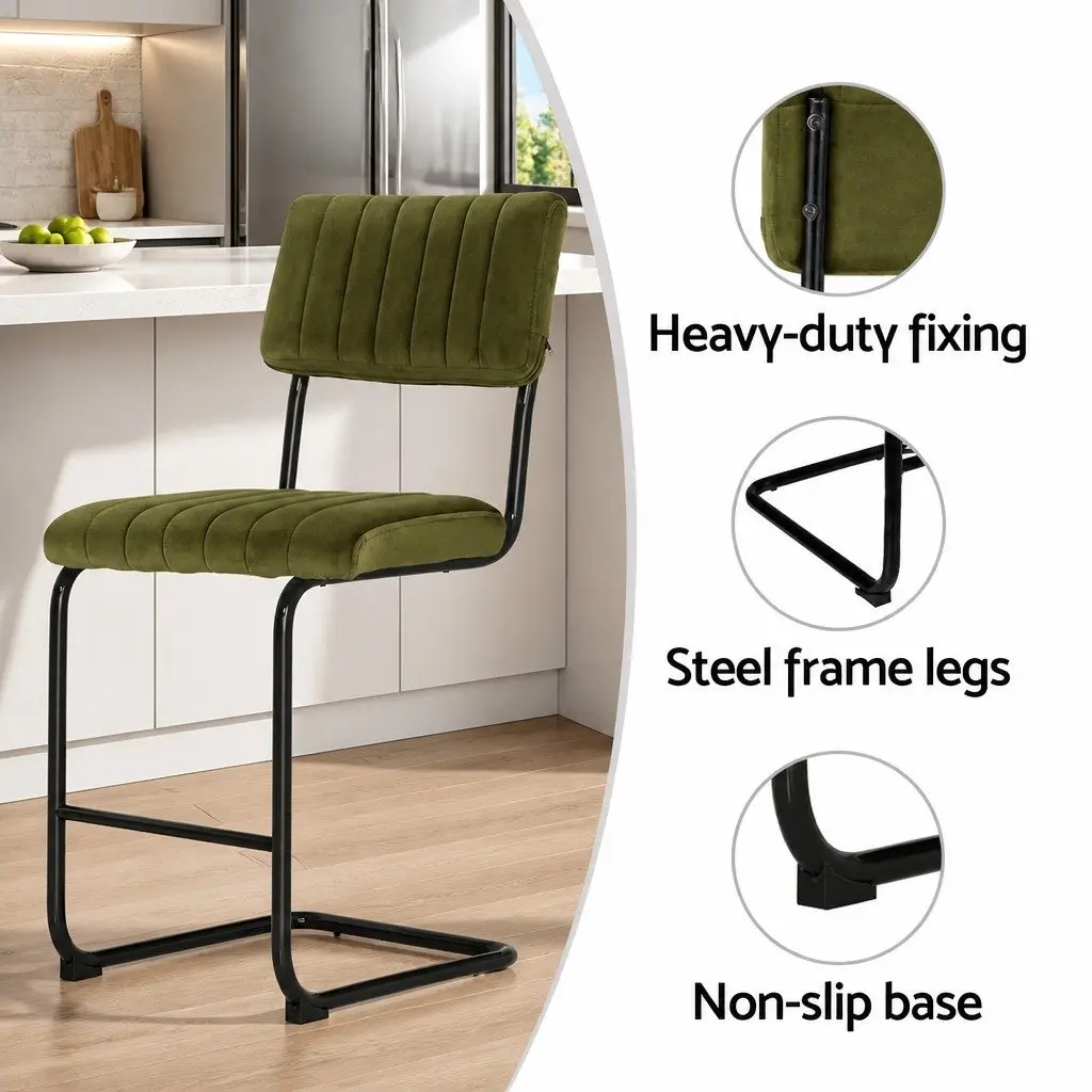 Bar Stools Velvet Chairs Green Cushioned Seat Back Support Metal Footrest Set