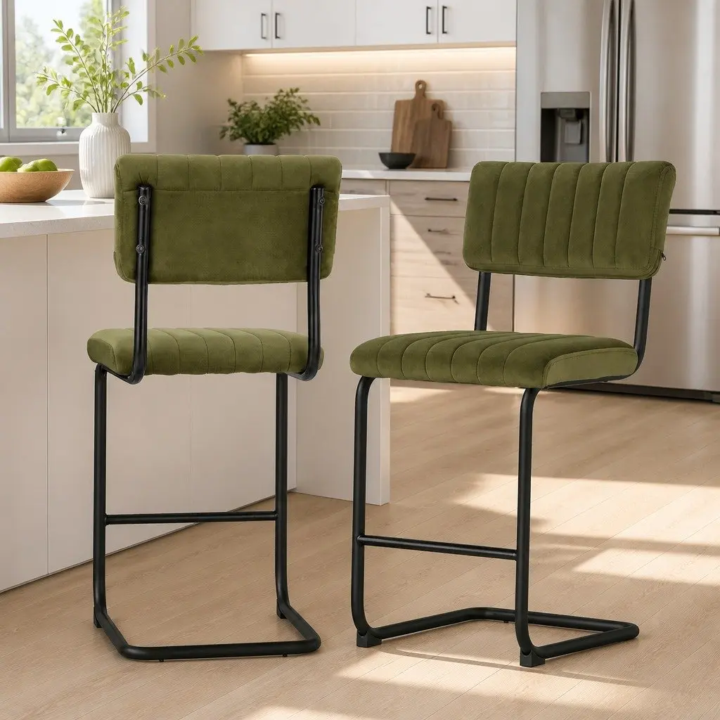 Bar Stools Velvet Chairs Green Cushioned Seat Back Support Metal Footrest Set