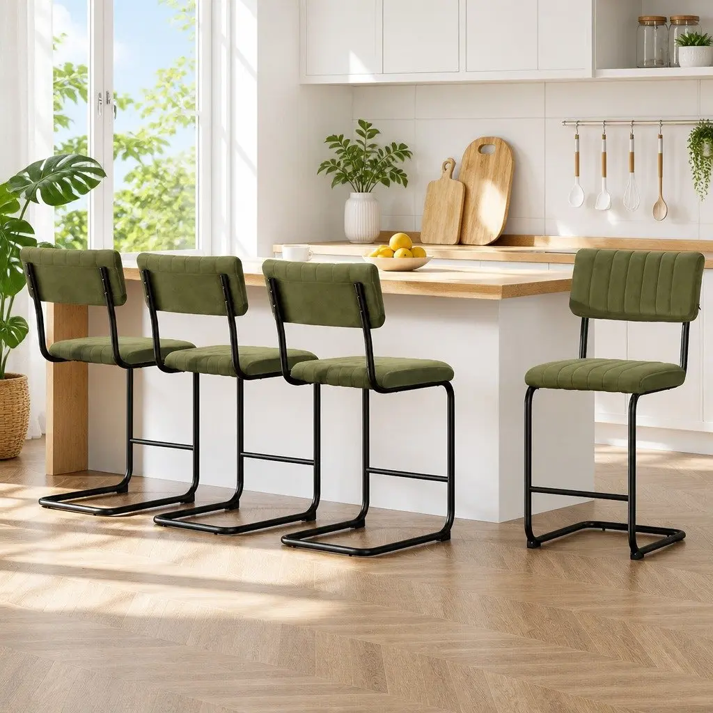 Bar Stools Green Velvet Cushioned Chairs with Back Support 65cm Height Set of 4 Metal Frame