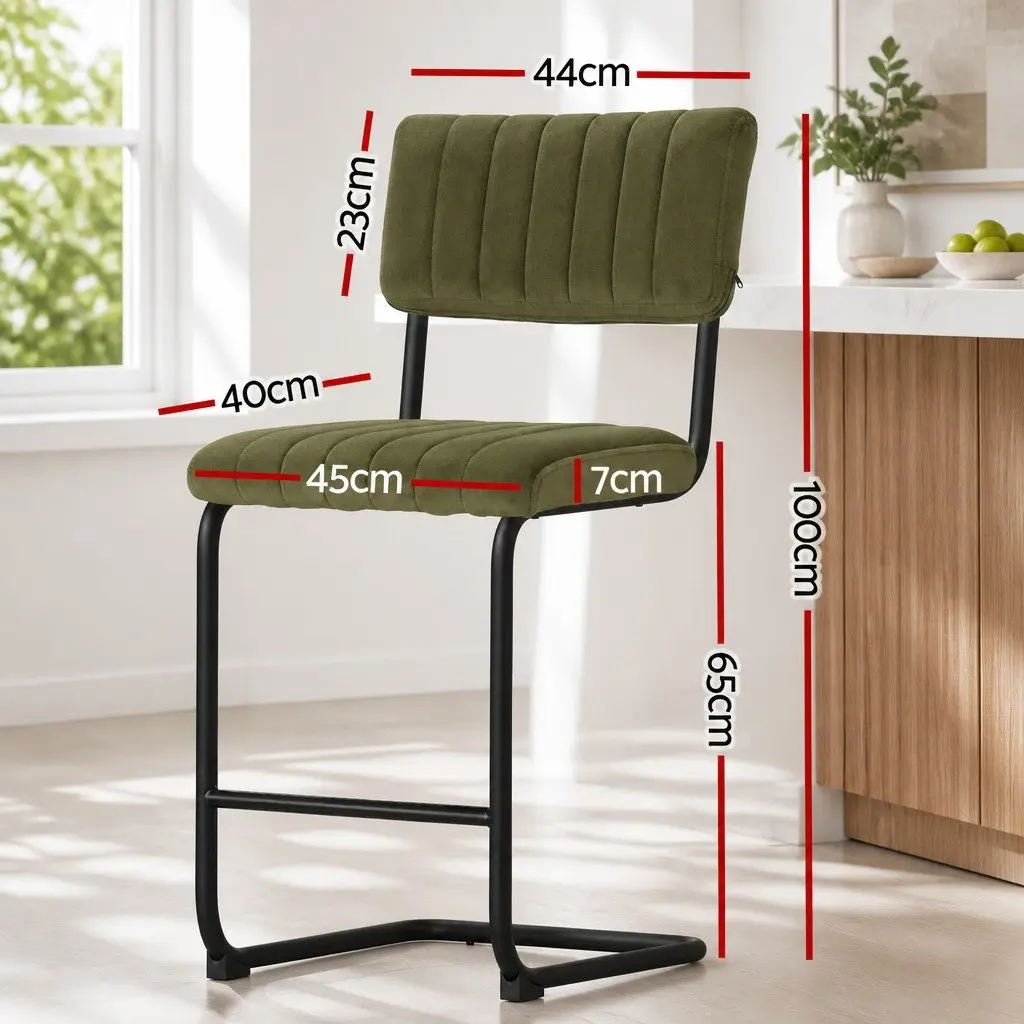 Bar Stools Green Velvet Cushioned Chairs with Back Support 65cm Height Set of 4 Metal Frame