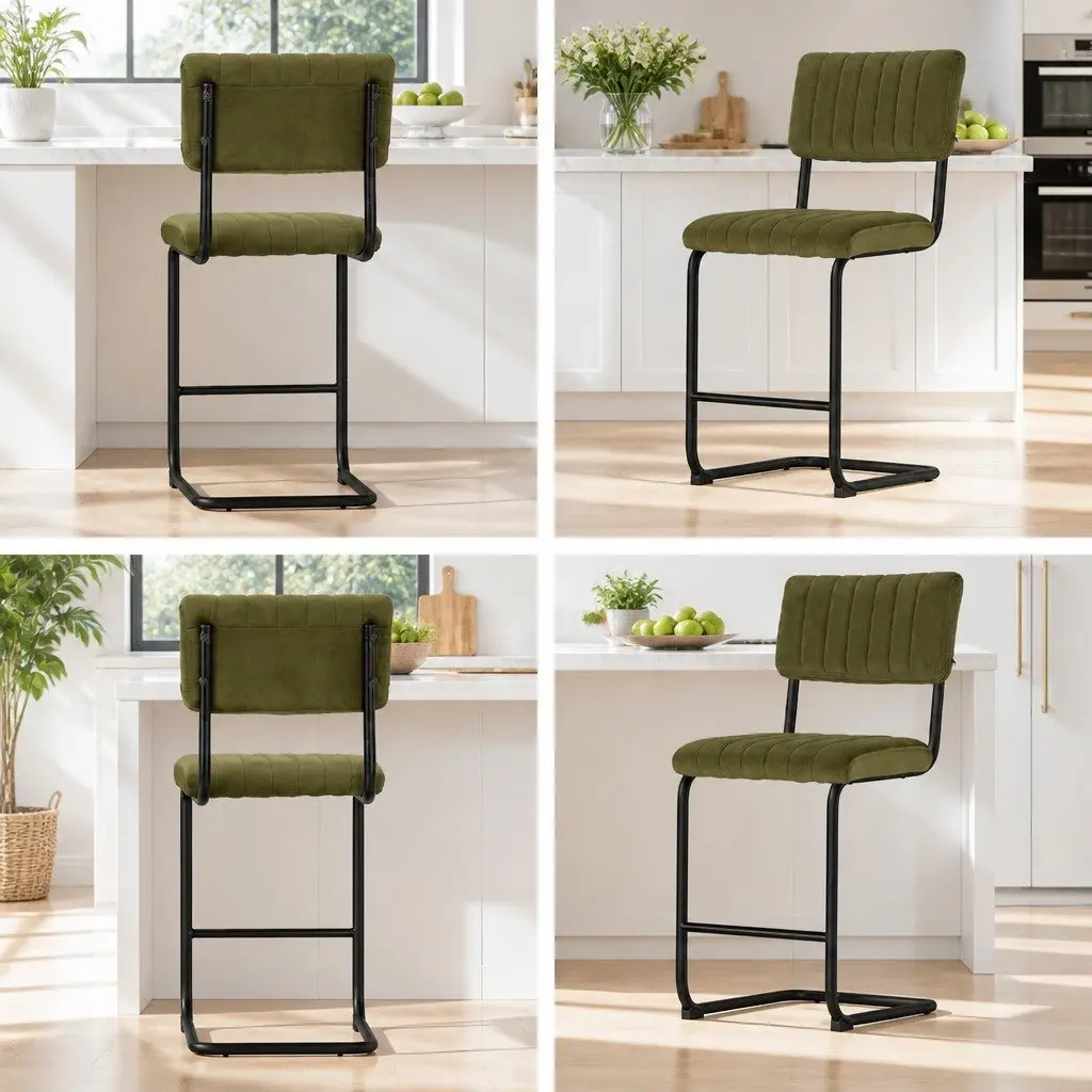 Bar Stools Green Velvet Cushioned Chairs with Back Support 65cm Height Set of 4 Metal Frame