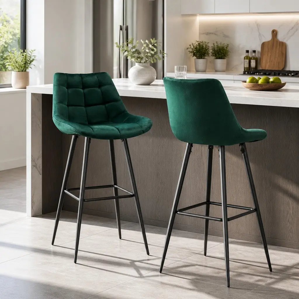 Bar Stools Green Velvet Chairs 105cm Metal Frame Footrest Backrest Set of 2
