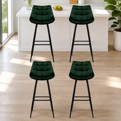 Comfortable Set of 4 Green Velvet Bar Stools with Footrest