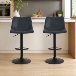 Comfortable Black Vintage Leather Bar Stools - 2 Pack