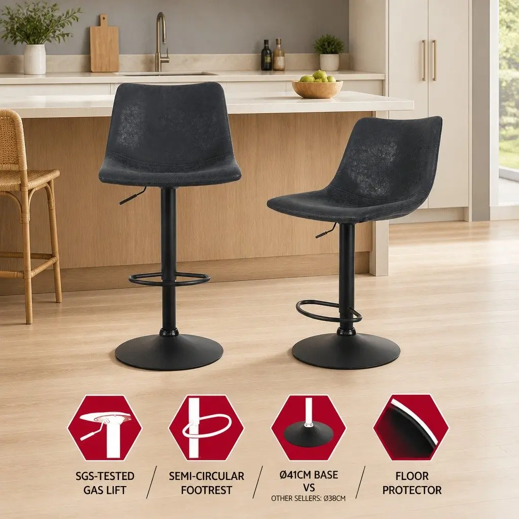 Bar Stools Vintage Leather Swivel Gas Lift Black 2 Pack Padded Seat Height