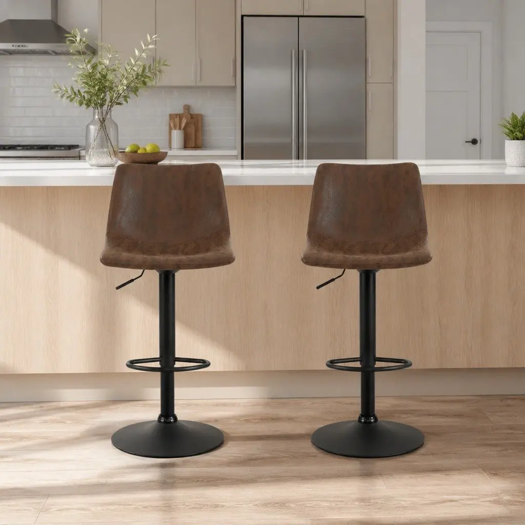 Bar Stools Vintage Swivel Gas Lift Height Adjustable Brown Faux Leather Padded Seat High Back 2 Piece