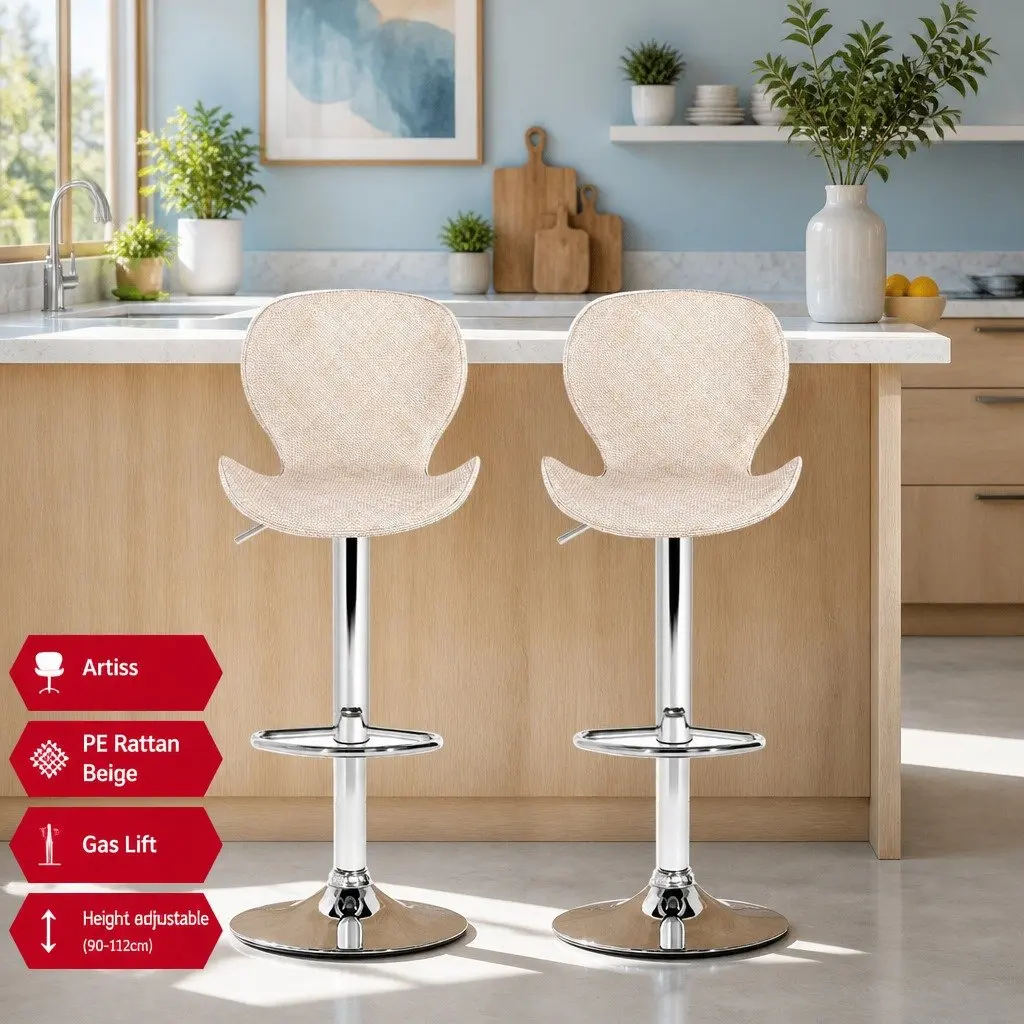 Bar Stools Set of 2 Swivel Gas Lift Kitchen Counter Chair Wing PE Rattan Beige
