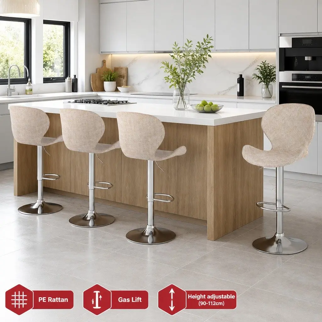 Bar Stools Set of 4 Swivel Gas Lift Counter Chair Wing Rattan Beige Kitchen