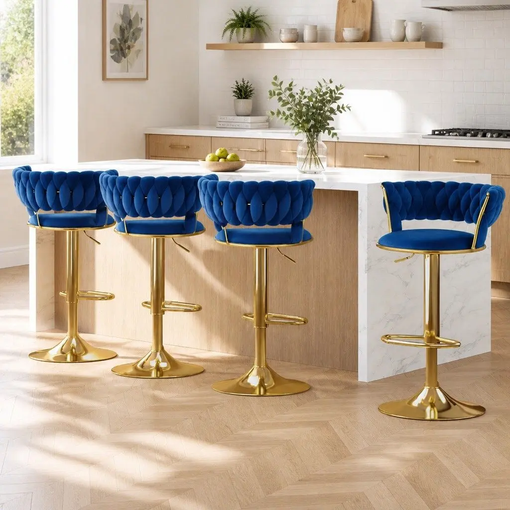 Bar Stools Adjustable Height Navy Blue Velvet Set of 4 Woven Backrest with Cushioned Support